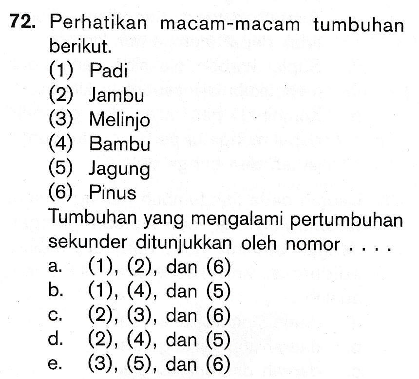 72. Perhatikan macam-macam tumbuhan berikut. (1) Padi (2) Jambu (3) Melinjo (4) Bambu (5) Jagung (6) Pinus Tumbuhan yang mengalami pertumbuhan sekunder ditunjukkan oleh nomor ..., (1), (2), dan (6) b. (1), (4), dan (5) (2), (3), dan (6) d. (2), (4), dan (5) (3), (5), dan (6) e. 
