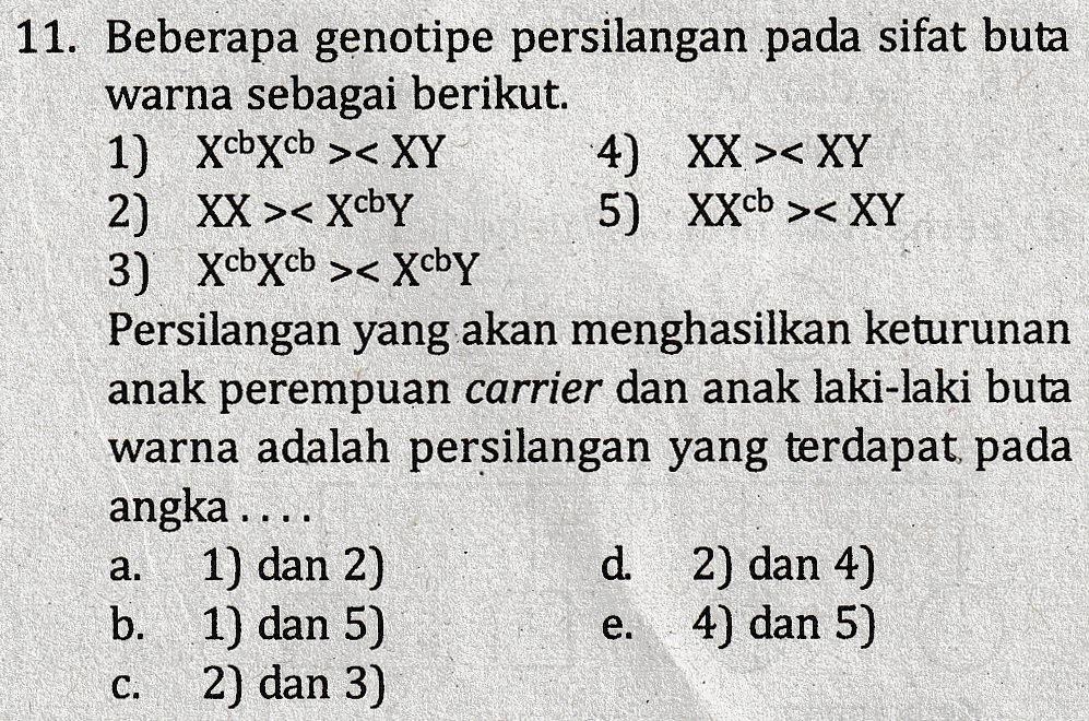 11. Beberapa genotipe persilangan pada sifat buta warna sebagai berikut. 1) Xcbxcb >< XY 4) XX >< XY 2) XX >< Xcby 5) XXcb >< XY 3) Xcbxcb >< 3cbY Persilangan yang akan menghasilkan keturunan anak perempuan carrier dan anak laki-laki buta warna adalah persilangan yang terdapat pada angka .... 1) dan 2) d 2) dan 4) b. 1) dan 5) 4) dan 5) 2) dan 3) a. e. C. 