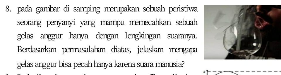 8. pada gambar di samping merupakan sebuah peristiwa seorang penyanyi yang mampu memecahkan sebuah gelas anggur hanya dengan lengkingan suaranya. Berdasarkan permasalahan diatas, jelaskan mengapa gelas anggur bisa pecah hanya karena suara manusia? 5十一 