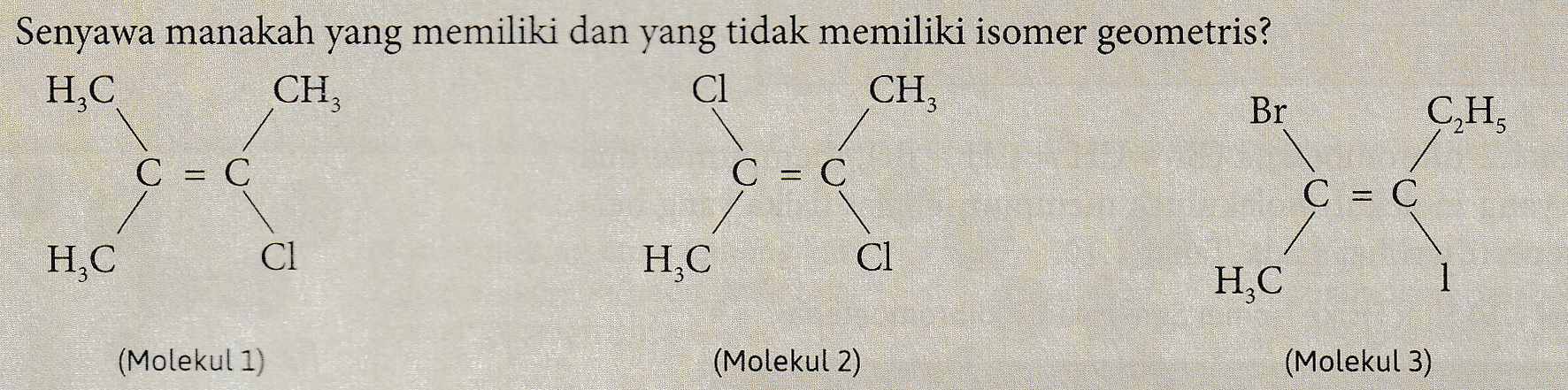 Senyawa manakah yang memiliki dan yang tidak memiliki isomer geometris? H.C CH Cl CH, Br CH C = C C = C C = C HC СІ Н.С Cl HC 1 (Molekul 1) (Molekul 2) (Molekul 3) 