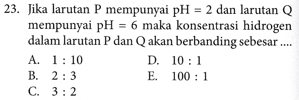 23. Jika larutan P mempunyai pH = 2 dan larutan Q mempunyai pH = 6 maka konsentrasi hidrogen dalam larutan P dan Q akan berbanding sebesar .... A. 1:10 D. 10:1 B. 2 : 3 E. 100:1 C. 3:2 
