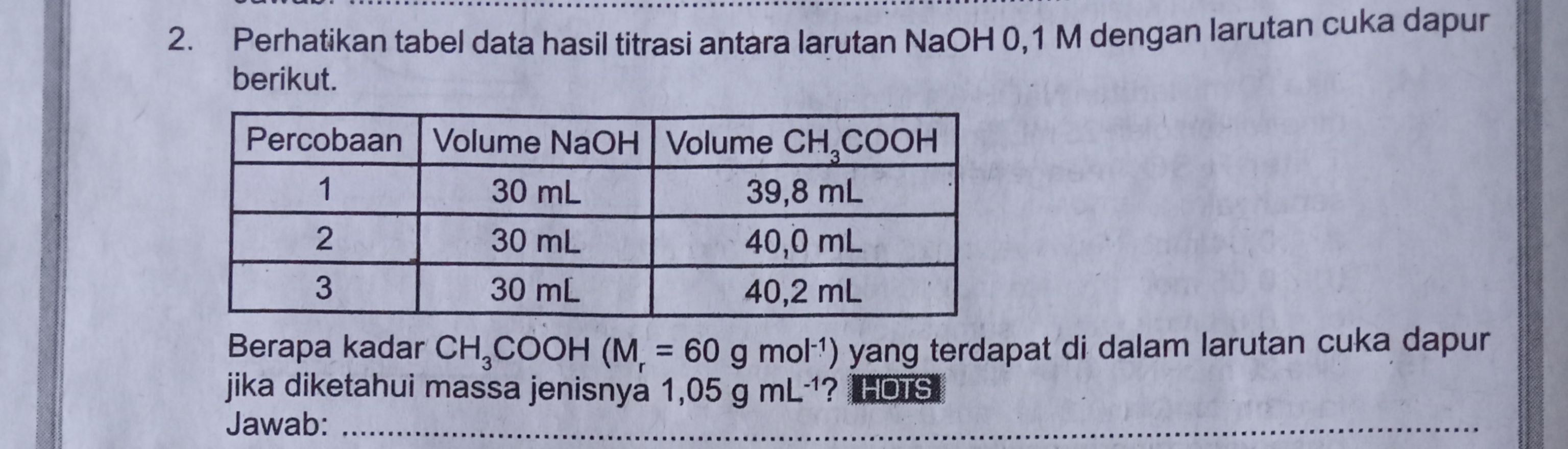 2. Perhatikan tabel data hasil titrasi antara larutan NaOH 0,1 M dengan larutan cuka dapur berikut. Percobaan Volume NaOH Volume CH,COOH 1 30 mL 39,8 mL 2 30 mL 40,0 mL 3 30 ml 40,2 mL Berapa kadar CH,COOH (M = 60 g mol-?) yang terdapat di dalam larutan cuka dapur jika diketahui massa jenisnya 1,05 g mL-'? HOTS Jawab: ...... WN 