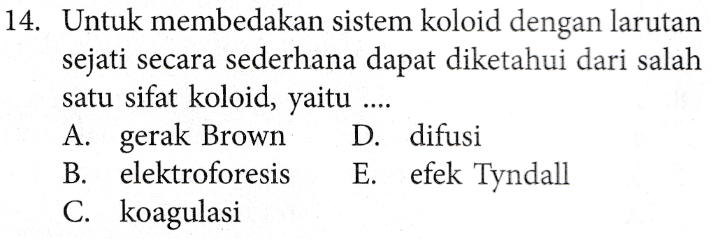 14. Untuk membedakan sistem koloid dengan larutan sejati secara sederhana dapat diketahui dari salah satu sifat koloid, yaitu .... A. gerak Brown D. difusi B. elektroforesis E. efek Tyndall C. koagulasi 