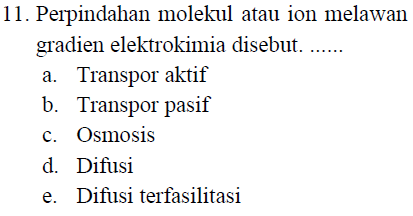 11. Perpindahan molekul atau ion melawan gradien elektrokimia disebut....... a. Transpor aktif b. Transpor pasif c. Osmosis d. Difusi e. Difusi terfasilitasi 