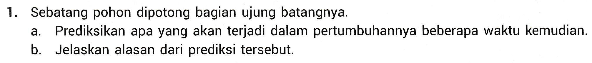 1. Sebatang pohon dipotong bagian ujung batangnya. Prediksikan apa yang akan terjadi dalam pertumbuhannya beberapa waktu kemudian. b. Jelaskan alasan dari prediksi tersebut. a. 