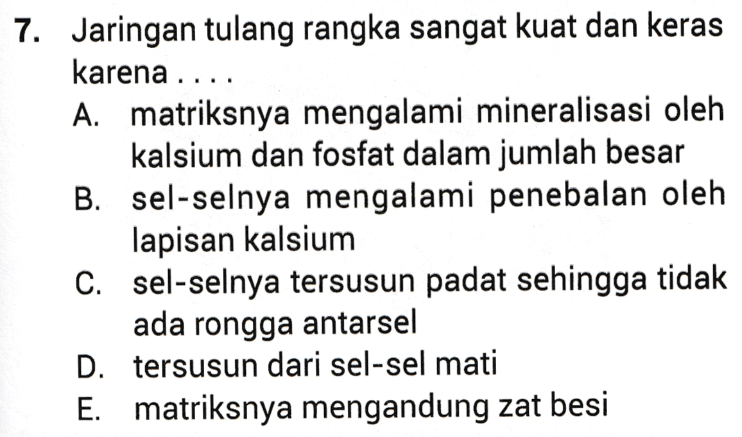 7. Jaringan tulang rangka sangat kuat dan keras karena .... A. matriksnya mengalami mineralisasi oleh kalsium dan fosfat dalam jumlah besar B. sel-selnya mengalami penebalan oleh lapisan kalsium C. sel-selnya tersusun padat sehingga tidak ada rongga antarsel D. tersusun dari sel-sel mati E.matriksnya mengandung zat besi 