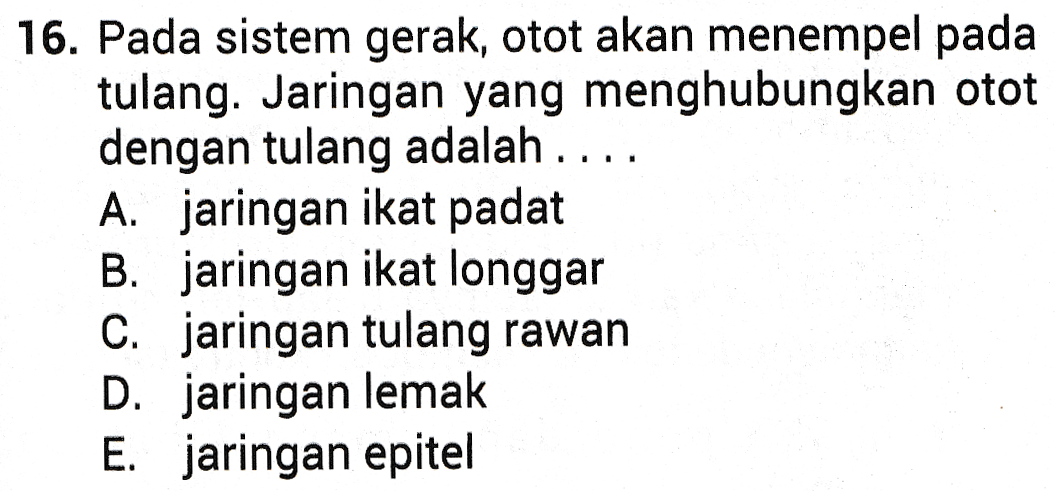 16. Pada sistem gerak, otot akan menempel pada tulang. Jaringan yang menghubungkan otot dengan tulang adalah .... A. jaringan ikat padat B. jaringan ikat longgar C. jaringan tulang rawan D. jaringan lemak E. jaringan epitel 