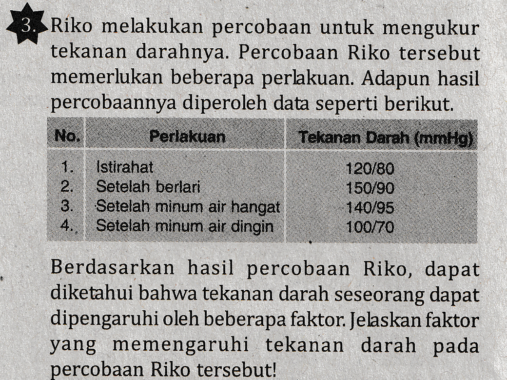 Riko melakukan percobaan untuk mengukur tekanan darahnya. Percobaan Riko tersebut memerlukan beberapa perlakuan. Adapun hasil percobaannya diperoleh data seperti berikut. Na. Perlakuan Tekanan Darah (mmHg) - Istirahat 2. Setelah berlari 3. Setelah minum air hangat 4. Setelah minum air dingin 120/80 150/90 140/95 100/70 Berdasarkan hasil percobaan Riko, dapat diketahui bahwa tekanan darah seseorang dapat dipengaruhi oleh beberapa faktor. Jelaskan faktor yang memengaruhi tekanan darah pada percobaan Riko tersebut! 