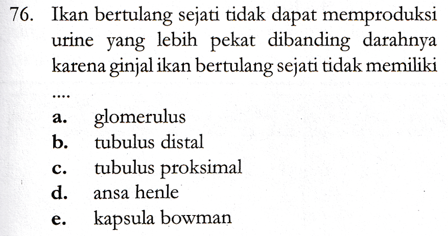 76. Ikan bertulang sejati tidak dapat memproduksi urine yang lebih pekat dibanding darahnya karena ginjal ikan bertulang sejati tidak memiliki .. a. b. C. glomerulus tubulus distal tubulus proksimal ansa henle kapsula bowman d. e. 