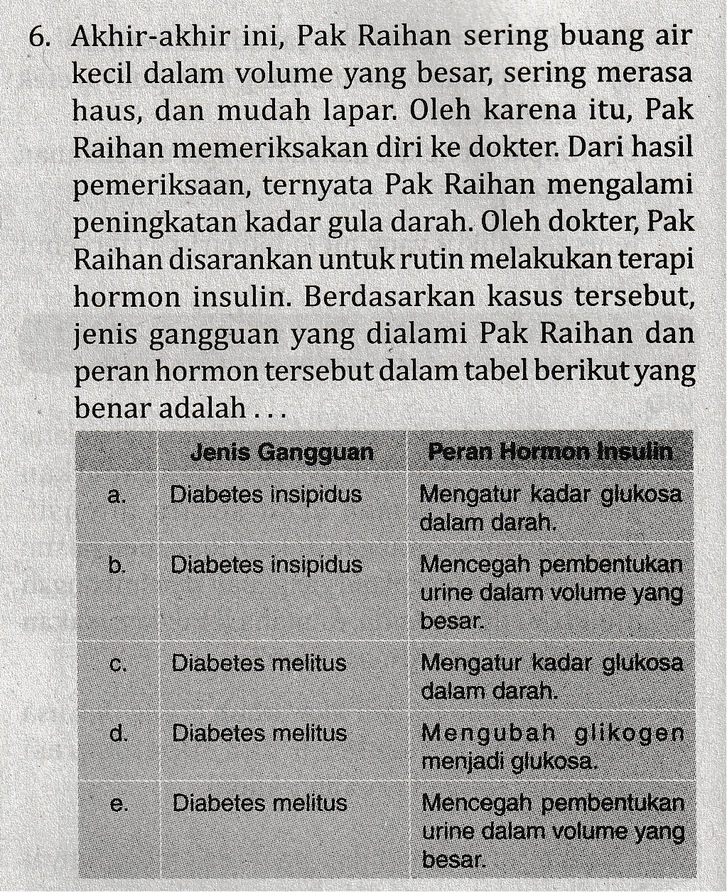 6. Akhir-akhir ini, Pak Raihan sering buang air kecil dalam volume yang besar, sering merasa haus, dan mudah lapar. Oleh karena itu, Pak Raihan memeriksakan diri ke dokter. Dari hasil pemeriksaan, ternyata Pak Raihan mengalami peningkatan kadar gula darah. Oleh dokter, Pak Raihan disarankan untuk rutin melakukan terapi hormon insulin. Berdasarkan kasus tersebut, jenis gangguan yang dialami Pak Raihan dan peran hormon tersebut dalam tabel berikut yang benar adalah ... Jenis Gangguan Peran Hormon Insulin Diabetes insipidus Mengatur kadar glukosa dalam darah. b. Diabetes insipidus Mencegah pembentukan urine dalam volume yang besar. Diabetes melitus Mengatur kadar glukosa dalam darah Diabetes melitus Mengubah glikogen menjadi glukosa. Diabetes melitus Mencegah pembentukan urine dalam volume yang besar. a. 