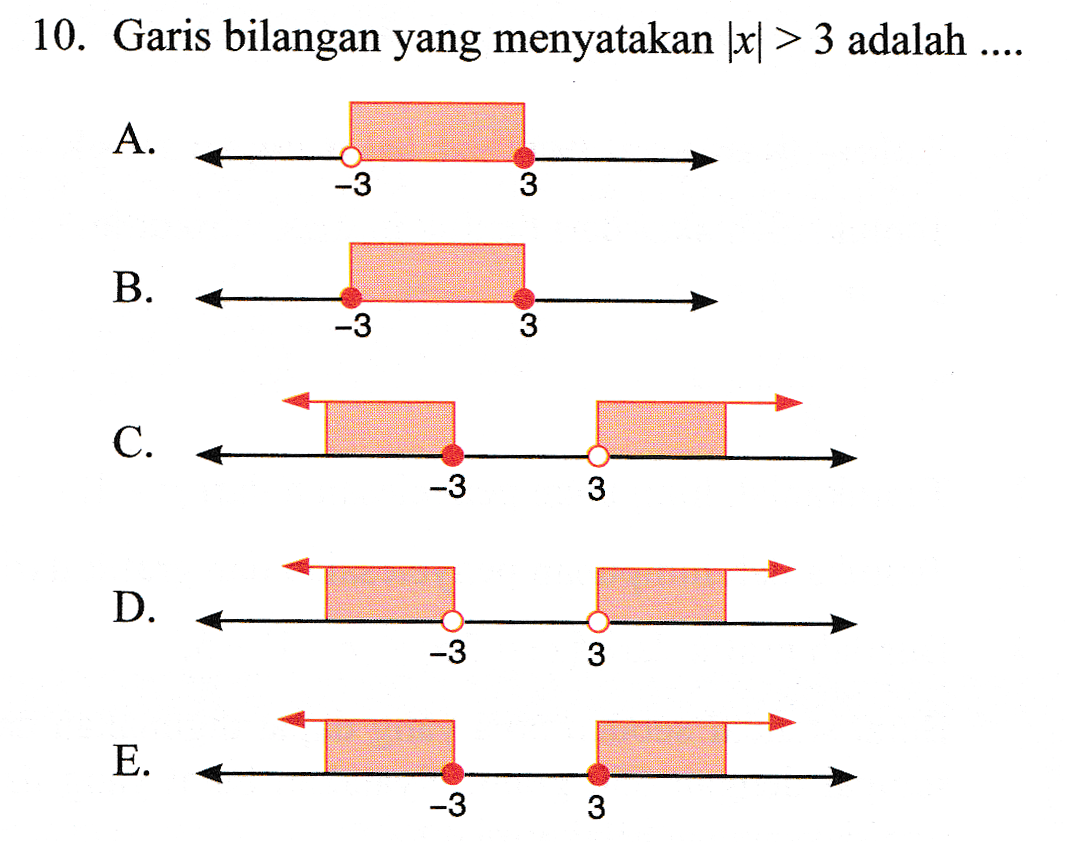 10. Garis bilangan yang menyatakan (x > 3 adalah .... A. -3 3 B. -3 3 C. -3 3 D. -3 3 E. -3 3 
