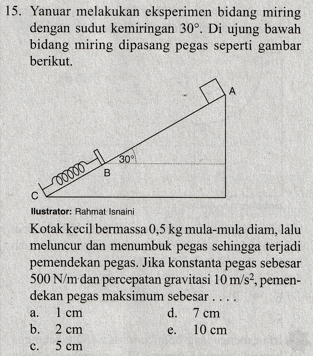 15. Yanuar melakukan eksperimen bidang miring dengan sudut kemiringan 30°. Di ujung bawah bidang miring dipasang pegas seperti gambar berikut. A 30° B 00000 llustrator: Rahmat Isnaini Kotak kecil bermassa 0,5 kg mula-mula diam, lalu meluncur dan menumbuk pegas sehingga terjadi pemendekan pegas. Jika konstanta pegas sebesar 500 N/m dan percepatan gravitasi 10 m/s2, pemen- dekan pegas maksimum sebesar ... d. b. e. 10 cm . . . . a. 7 cm 1 cm 2 cm 5 cm C. 