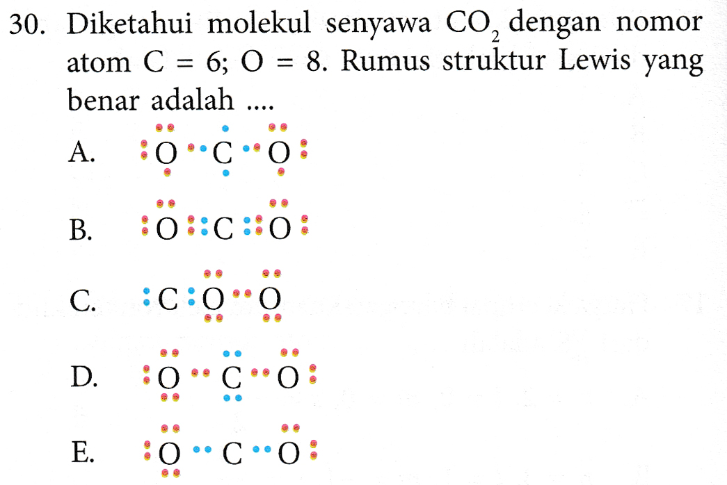 30. Diketahui molekul senyawa CO, dengan nomor atom C = 6; O = 8. Rumus struktur Lewis yang benar adalah .... A. 0.0.0 B. :0::C:20: C.:C:00 D. 2000: E. :0.00: 