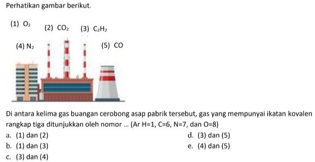 Perhatikan gambar berikut. (1) O2 (2) CO (3) C2H2 (4) N2 (5) CO Di antara kelima gas buangan cerobong asap pabrik tersebut, gas yang mempunyai ikatan kovalen rangkap tiga ditunjukkan oleh nomor ... (Ar H=1, C=6, N=7, dan O=8) a. (1) dan (2) d. (3) dan (5) b. (1) dan (3) e. (4) dan (5) c. (3) dan (4) 