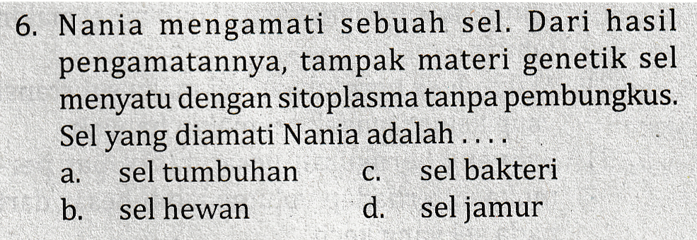 6. Nania mengamati sebuah sel. Dari hasil pengamatannya, tampak materi genetik sel menyatu dengan sitoplasma tanpa pembungkus. Sel yang diamati Nania adalah ... a. sel tumbuhan sel bakteri b. sel hewan d. sel jamur C. 