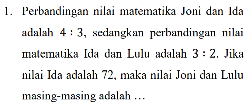 1. Perbandingan nilai matematika Joni dan Ida adalah 4:3, sedangkan perbandingan nilai matematika Ida dan Lulu adalah 3 : 2. Jika nilai Ida adalah 72, maka nilai Joni dan Lulu masing-masing adalah ... 