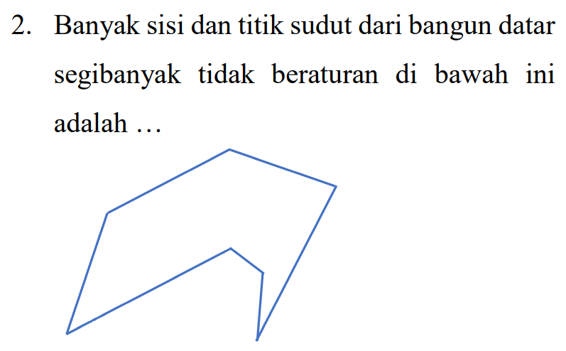 2. Banyak sisi dan titik sudut dari bangun datar segibanyak tidak beraturan di bawah ini adalah ... 