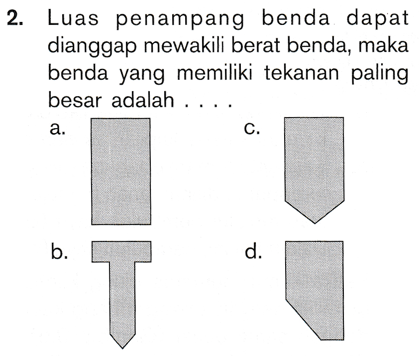 2. Luas penampang benda dapat dianggap mewakili berat benda, maka benda yang memiliki tekanan paling besar adalah ... a. C. b. d. T 