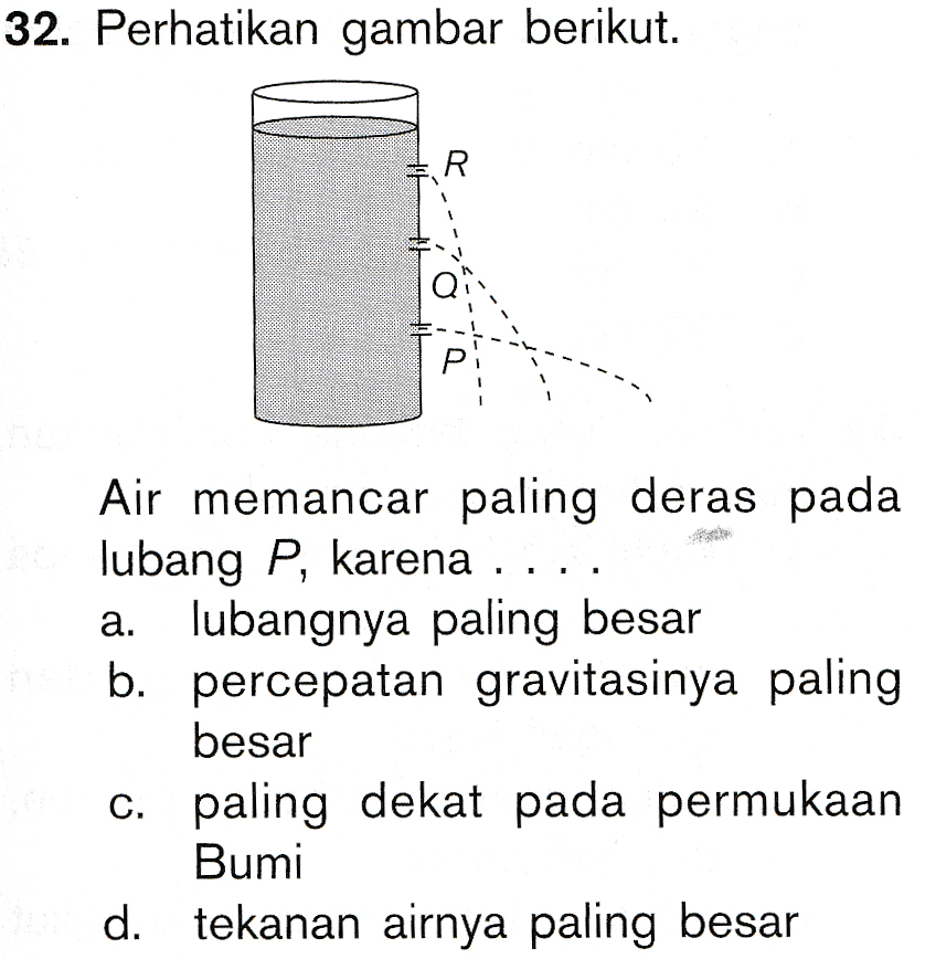 32. Perhatikan gambar berikut. 주 R a. Air memancar paling deras pada lubang P, karena .... lubangnya paling besar b. percepatan gravitasinya paling besar c. paling dekat pada permukaan Bumi Ed. d. tekanan airnya paling besar 