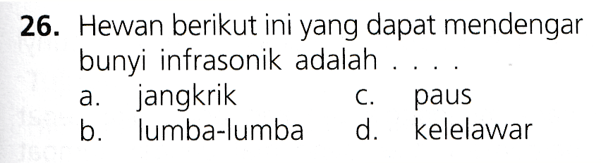 26. Hewan berikut ini yang dapat mendengar bunyi infrasonik adalah a. jangkrik C. paus b. lumba-lumba d. kelelawar 