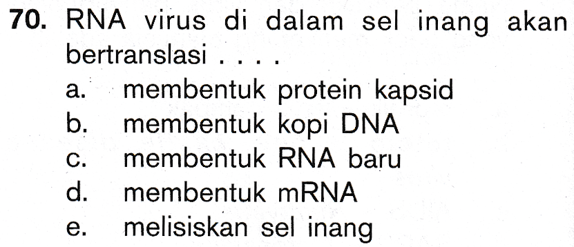 70. RNA virus di dalam sel inang akan bertranslasi .... membentuk protein kapsid b. membentuk kopi DNA membentuk RNA baru d. membentuk mRNA melisiskan sel inang 0 0 0 0 0 