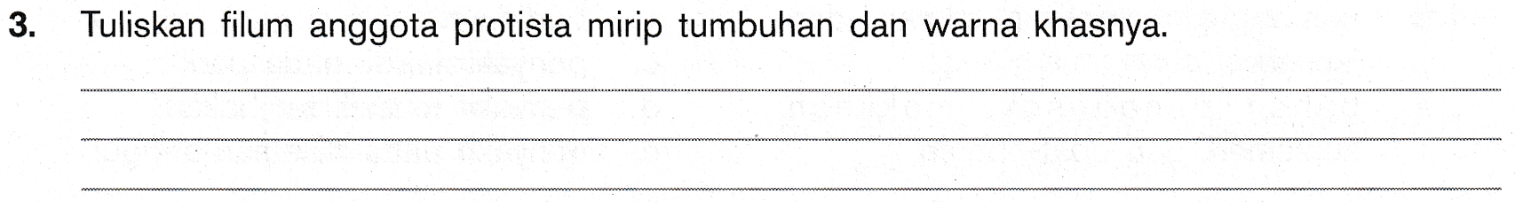 3 . Tuliskan filum anggota protista mirip tumbuhan dan warna khasnya. 