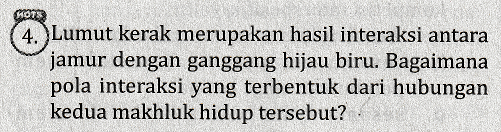 4. Lumut kerak merupakan hasil interaksi antara jamur dengan ganggang hijau biru. Bagaimana pola interaksi yang terbentuk dari hubungan kedua makhluk hidup tersebut? 