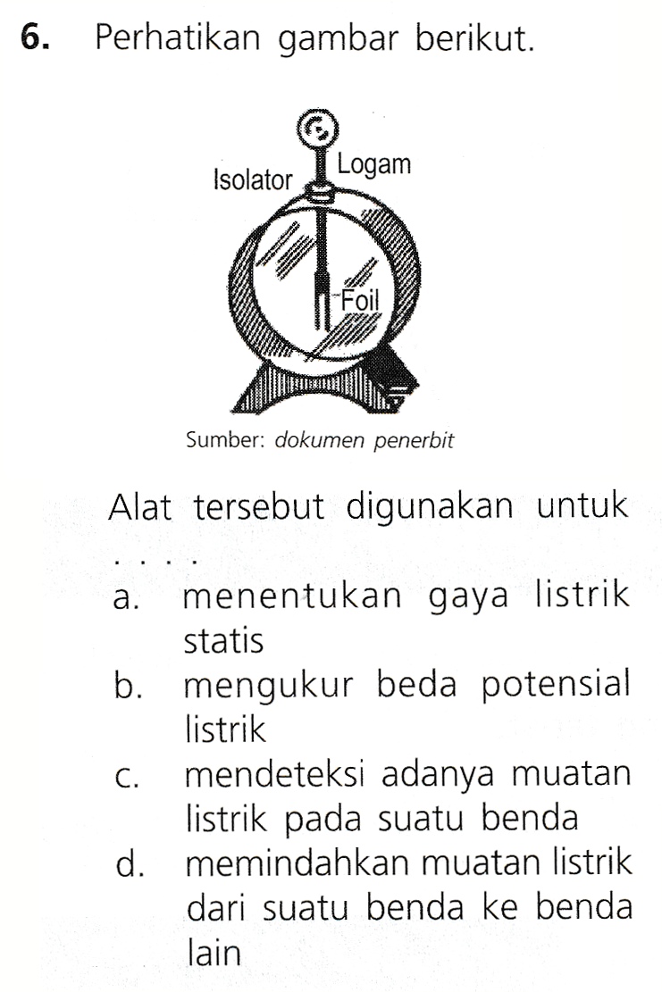 6. Perhatikan gambar berikut. Logam Isolator Foil Sumber: dokumen penerbit Alat tersebut digunakan untuk a. menentukan gaya listrik statis b. mengukur beda potensial listrik C. mendeteksi adanya muatan listrik pada suatu benda d. memindahkan muatan listrik dari suatu benda ke benda lain 