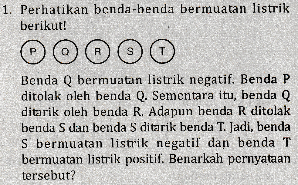1. Perhatikan benda-benda bermuatan listrik berikut! (อ(( R S T Benda Q bermuatan listrik negatif. Benda P ditolak oleh benda Q. Sementara itu, benda Q ditarik oleh benda R. Adapun benda R ditolak benda S dan benda S ditarik benda T. Jadi, benda S bermuatan listrik negatif dan benda T bermuatan listrik positif. Benarkah pernyataan tersebut? 