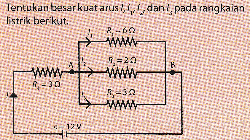 Tentukan besar kuat arus I, 1, 1,, dan!, pada rangkaian listrik berikut. R = 60 WWW R = 21 B A WWW R = 32 → WWW R = 30 E = 12 V 