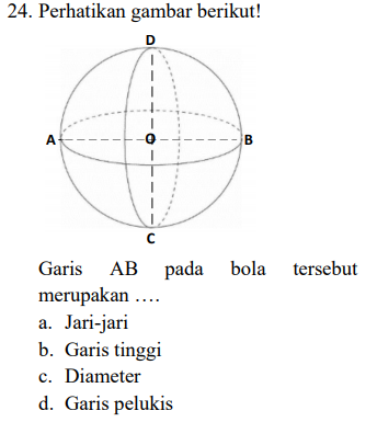 24. Perhatikan gambar berikut! D 1 A B с bola tersebut Garis AB pada merupakan .... a. Jari-jari b. Garis tinggi c. Diameter d. Garis pelukis 