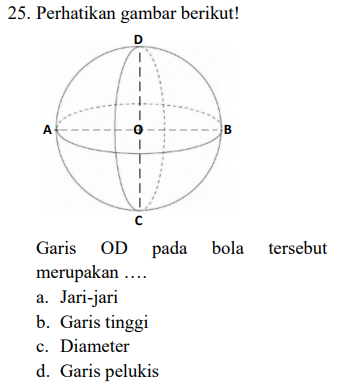 25. Perhatikan gambar berikut! D A B с bola tersebut Garis OD OD pada merupakan .... a. Jari-jari b. Garis tinggi c. Diameter d. Garis pelukis 